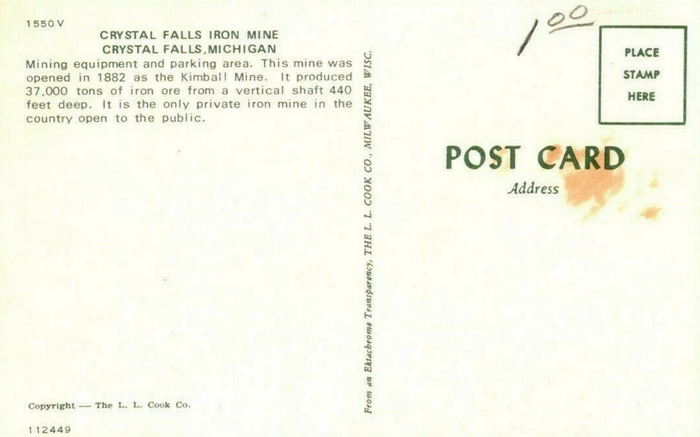 Crystal Falls Iron Mine - Vintage Postcard Back